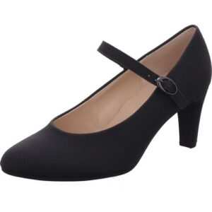 Schwarzer Damenschuh mit mittelhohem Absatz und Riemchen.