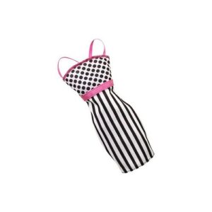 Schwarz-weißes Kleid mit Streifen und Punkten sowie rosa Akzenten.
