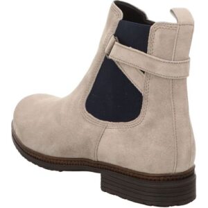 Beiger Chelsea-Boot aus Wildleder mit elastischem Einsatz und schwarzer Sohle.