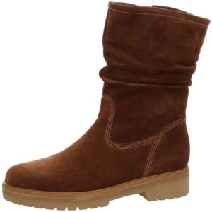 Brauner Wildleder-Damenstiefel mit flacher Sohle und Ziernähten.