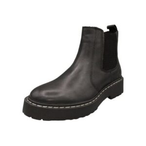 Schwarzer Leder-Chelsea-Boot mit dicker Sohle und seitlichem Gummieinsatz.