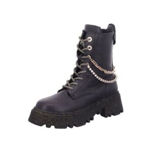 Schwarzer Plateau-Stiefel mit dekorativen Ketten und grober Sohle.