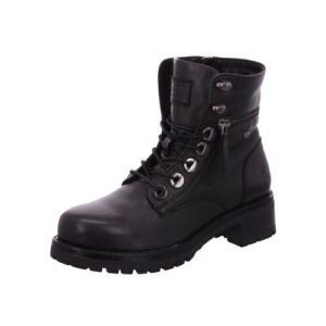 Schwarzer Schnürstiefel aus Leder mit grober Sohle und Reißverschluss.