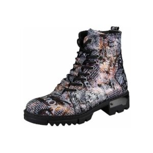 Schnürstiefel mit buntem Printdesign und robuster Sohle auf weißem Hintergrund.