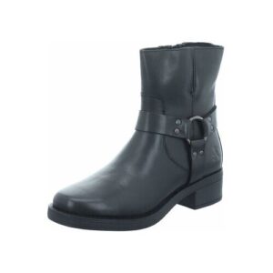 Schwarzer knöchelhoher Lederstiefel mit dekorativem Riemen seitlich.