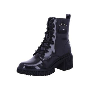 Schwarzer Lackleder-Schnürstiefel mit Blockabsatz und seitlicher Tasche.