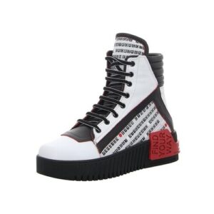 Hochgeschnittener weißer Sneaker mit schwarzem Muster und rotem Detail.