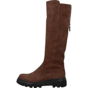 Brauner Lederstiefel mit Reißverschluss und schwarzer Gummisohle, Seitenansicht.