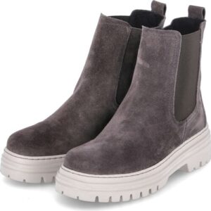 Graue Chelsea-Boots aus Wildleder mit weißer Plateau-Sohle auf weißem Hintergrund.