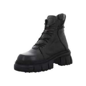 Schwarzer Lederschnürstiefel mit robuster Sohle auf weißem Hintergrund.