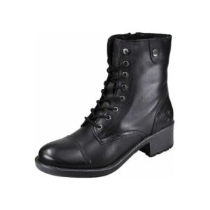 Schwarze Lederstiefelette mit Schnürung und mittlerem Absatz auf weißem Hintergrund.