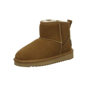 Brauner Wildlederstiefel mit flacher Sohle und kleinem Absatz.