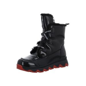 Schwarzer Winterstiefel für Damen mit roter Sohle und Kunstpelzbesatz.