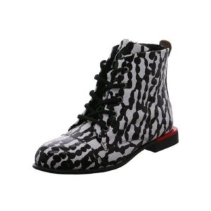Schwarz-Weiß gemusterter Ankle-Boot mit Schnürsenkeln und rotem Absatz.