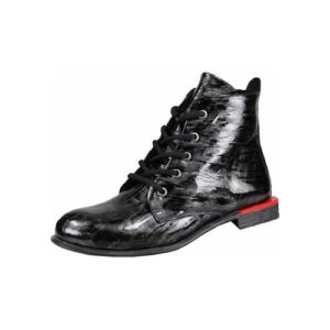 Schwarzer Lackleder-Schnürstiefel mit rotem Akzent an der Ferse.