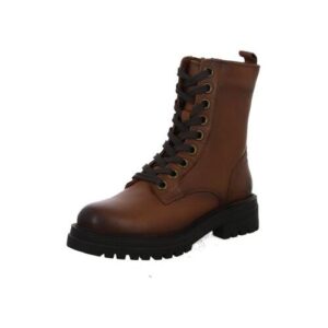 Brauner Damenstiefel mit Schnürung und Profilsohle aus Leder.
