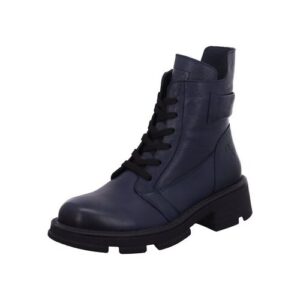 Dunkelblauer Schnürstiefel mit robustem Absatz und schwarzer Sohle.