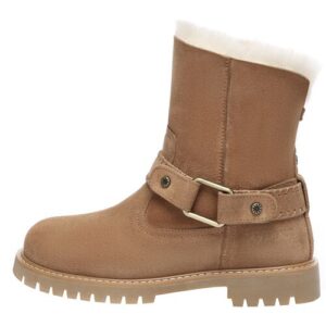 Brauner Winterstiefel aus Leder mit Schnallen und Fellfutter.