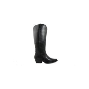 Schwarzer Lederstiefel mit niedrigem Absatz und abgerundeter Spitze, seitliche Ansicht.