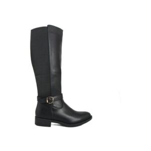 Schwarzer Damenstiefel aus Leder mit Schnalle, seitlicher Ansicht.