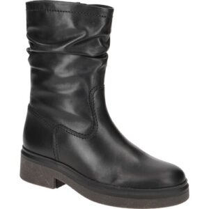 Schwarzer Lederstiefel mit mittlerem Absatz und gerafftem Schaft.