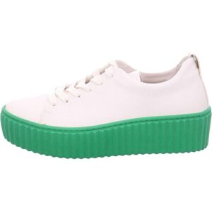 Weißer Sneaker mit grüner Plattformsohle, seitliche Ansicht