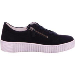 Schwarzer Sneaker mit weißer Plateau-Sohle, dekorativem Reißverschluss und breiten schwarzen Schnürsenkeln.