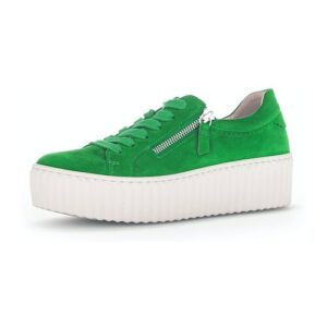 Grüner Sneaker mit dicker weißer Plateau-Sohle und seitlichem Reißverschluss.