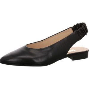Schwarzer flacher Slingback-Damenschuh mit spitzem Zeh und elastischem Rückenteil.