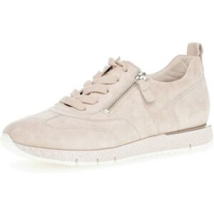 Beiger Sneaker mit Reißverschluss und weißen Sohlen auf weißem Hintergrund.