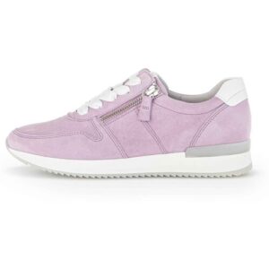 Lila Sneaker mit Reißverschluss und weißer Sohle auf weißem Hintergrund.