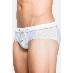 Weiße Badehose für Männer mit Kordelzug und Netzdetails.
