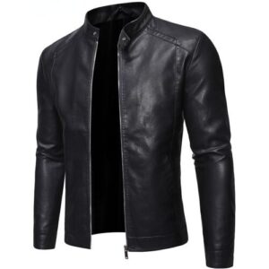 Schwarze Lederjacke mit Stehkragen und Reißverschluss, stilvoll und modern.