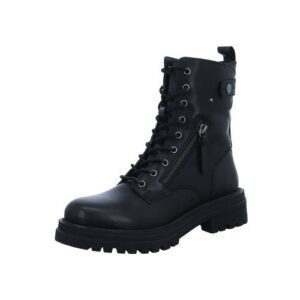 Schwarzer Schnürstiefel mit Reißverschluss und robuster Sohle vor weißem Hintergrund.