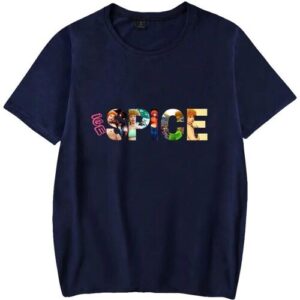 Dunkelblaues T-Shirt mit buntem Buchstaben-Aufdruck auf Vorderseite.