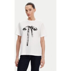 Weißes T-Shirt mit schwarzem Schleifenmotiv auf Vorderseite vor neutralem Hintergrund.