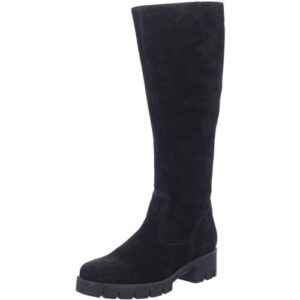 Schwarzer Damenstiefel aus Leder mit niedrigem Absatz und strukturierter Sohle.