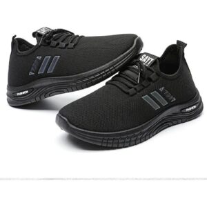 Zwei schwarze Sportschuhe mit Gummisohlen und stilvollen Streifen