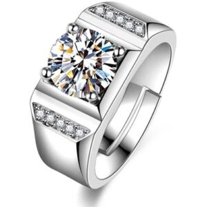 Silberring mit großem zentralen Stein und seitlichen Diamantdetails.
