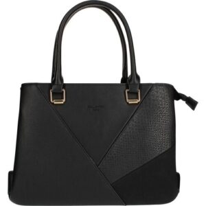 Schwarze Lederhandtasche mit geometrischem Design und Tragegriffen.