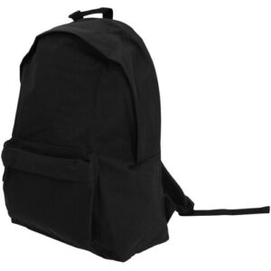 Schwarzer Rucksack mit einer Fronttasche und Schultergurten.