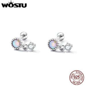 Zwei silberne Ohrringe mit Opal- und Kristalldesign auf weißem Hintergrund.