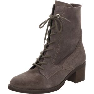 Grauer Wildlederstiefel mit Schnürung und mittlerem Absatz.