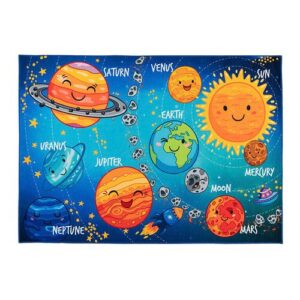Cartoon-Planeten mit Gesichtern und Namen im Sonnensystem auf blauem Hintergrund.
