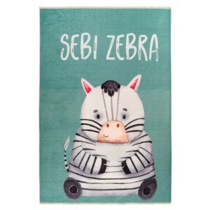 Grüner Kinderteppich mit illustriertem Zebra und Schriftzug "Sebi Zebra".