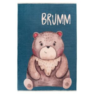 Blauer Kinderteppich mit illustriertem Bären und Schriftzug "BRUMM".