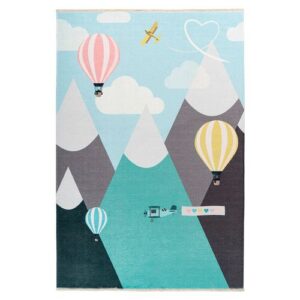 Illustration mit Heißluftballons, einem Flugzeug und Bergen im Hintergrund.
