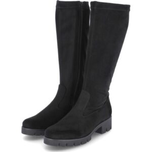 Schwarze kniehohe Stiefel mit Reißverschluss und Blockabsatz auf weißem Hintergrund.