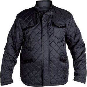 Schwarze Steppjacke mit Reißverschlüssen und Taschen, ärmellose in Form.