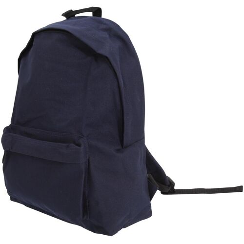 Blauer Rucksack mit Reißverschluss und vorderer Tasche, seitlich fotografiert.